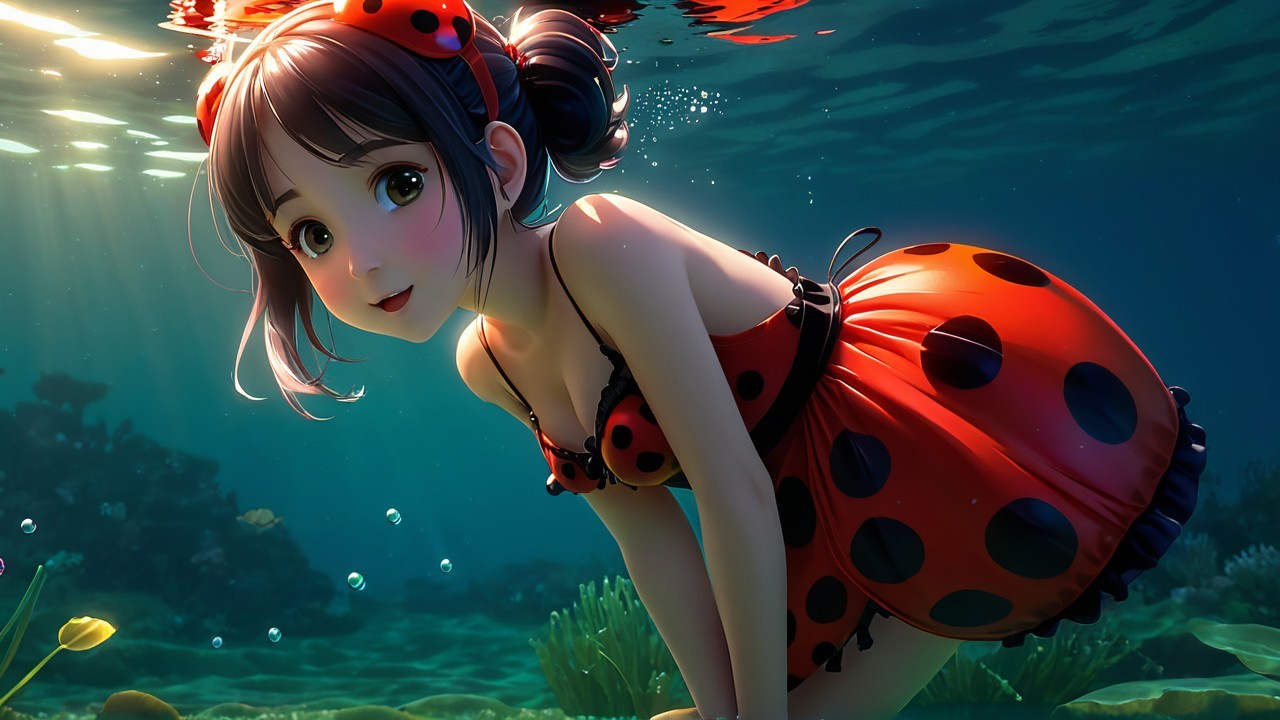 Young girl in red polka dot swimsuit swimming underwater
