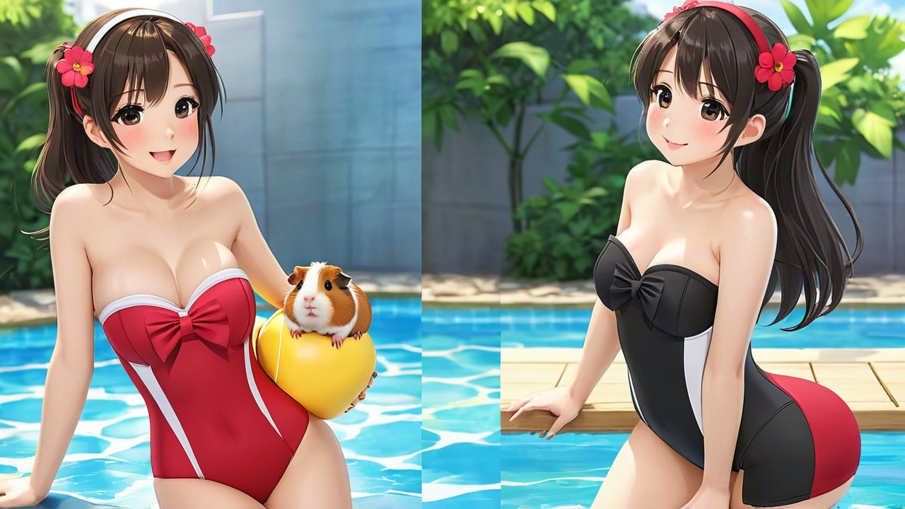 Animated Character in Vibrant Poolside with Swimsuits