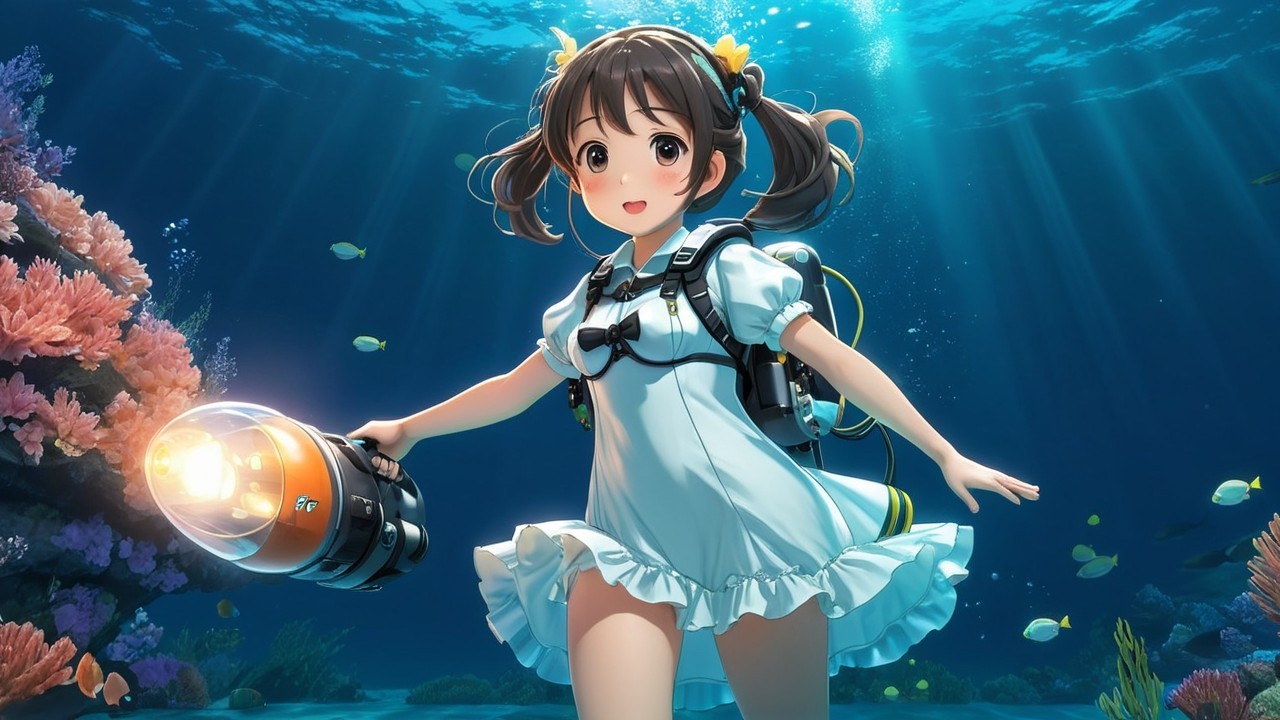 Anime Girl in Underwater Scene with Coral and Fish