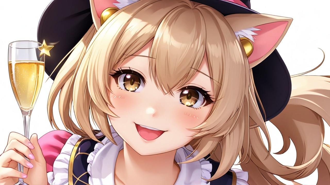 Cheerful anime character with cat ears and festive attire