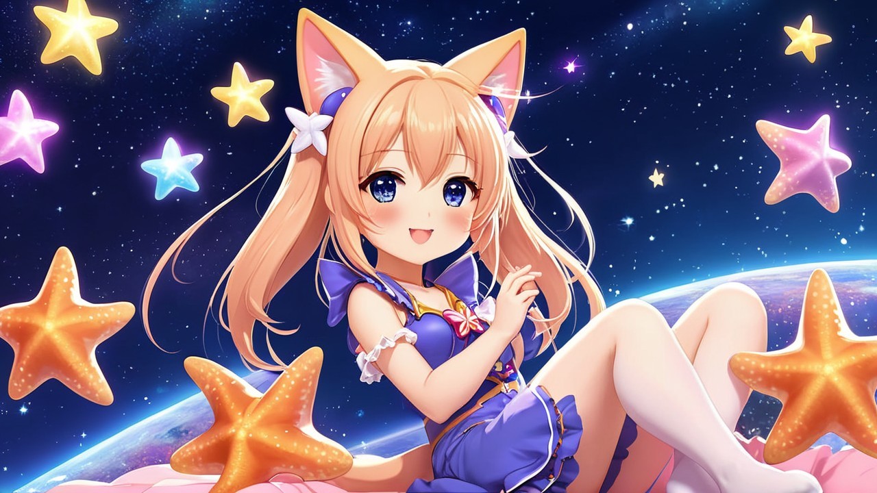 Cute anime character with cat ears in cosmic setting