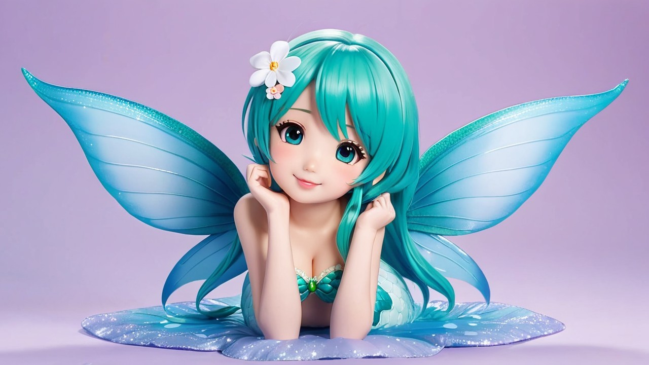 Whimsical Fairy Figure with Teal Hair and Wings