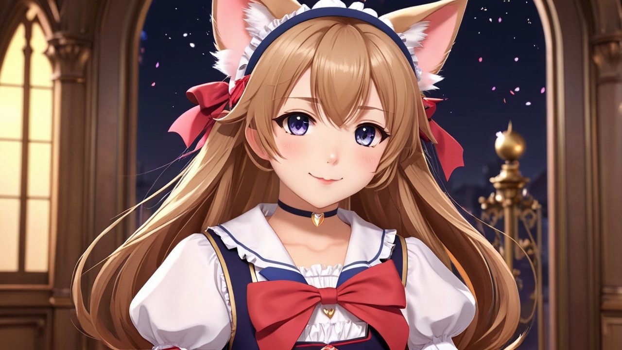 Charming anime character with cat ears and blue dress