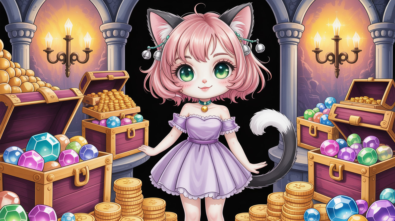 Anime-style girl with cat ears in a treasure cave