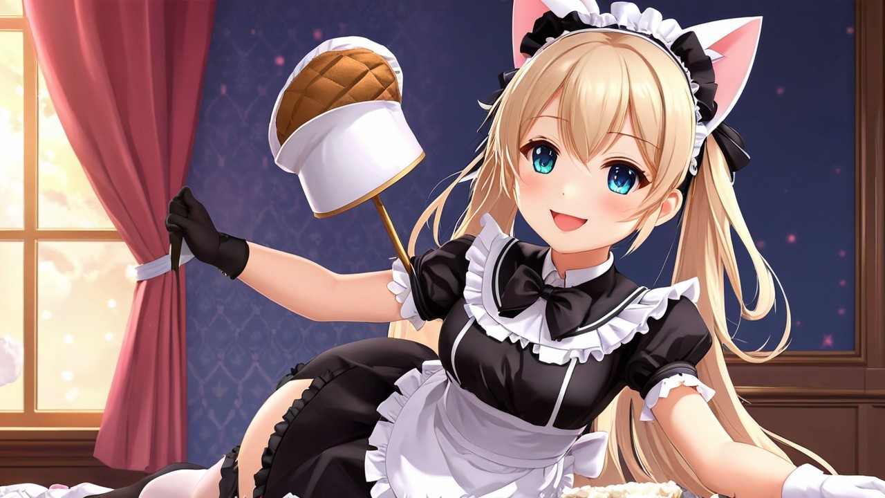 Animated Cat-Eared Maid Character in Cozy Setting
