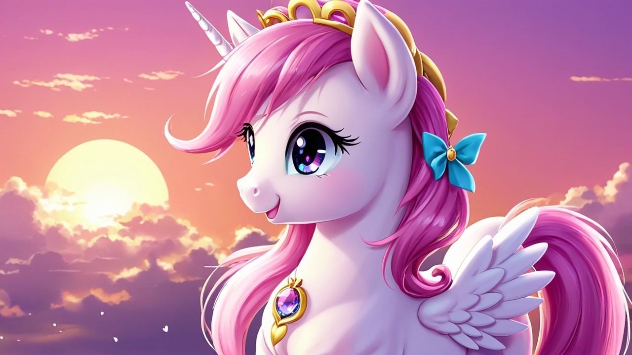 Whimsical Unicorn with Pink Mane and Colorful Sunset