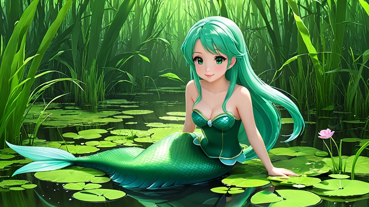 Mermaid Relaxing on Lily Pads in a Tranquil Pond