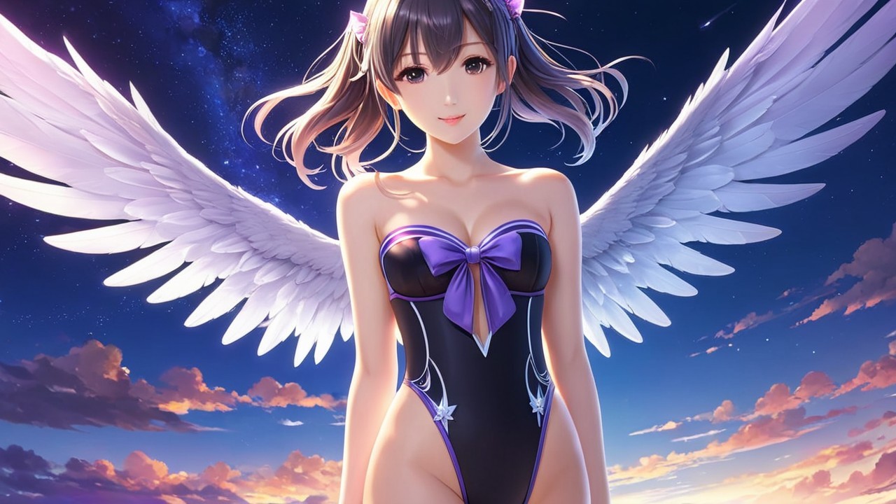 Character with Angelic Wings in Stylized Sunset Scene