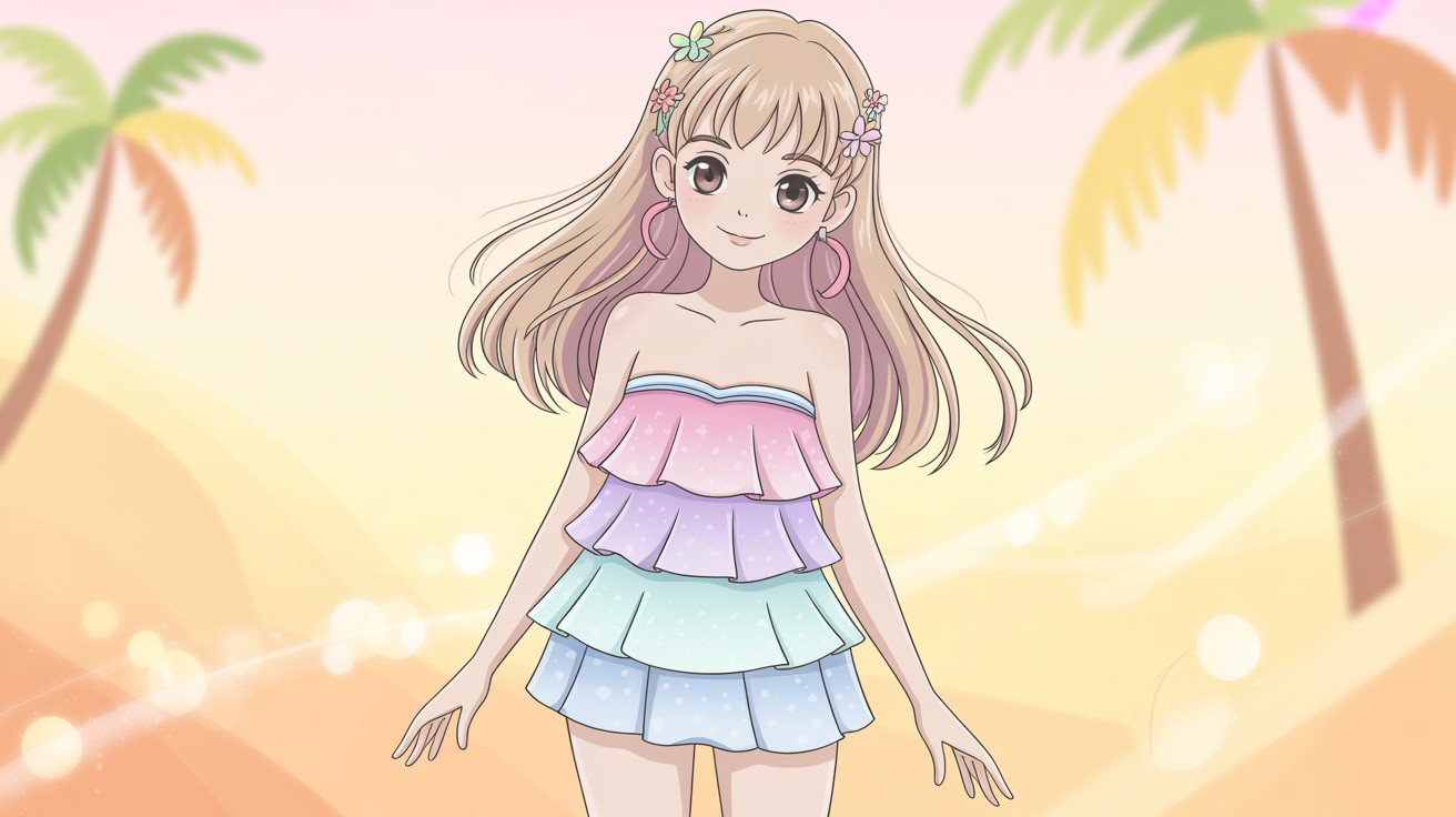 Anime girl in pastel swimsuit with floral accents