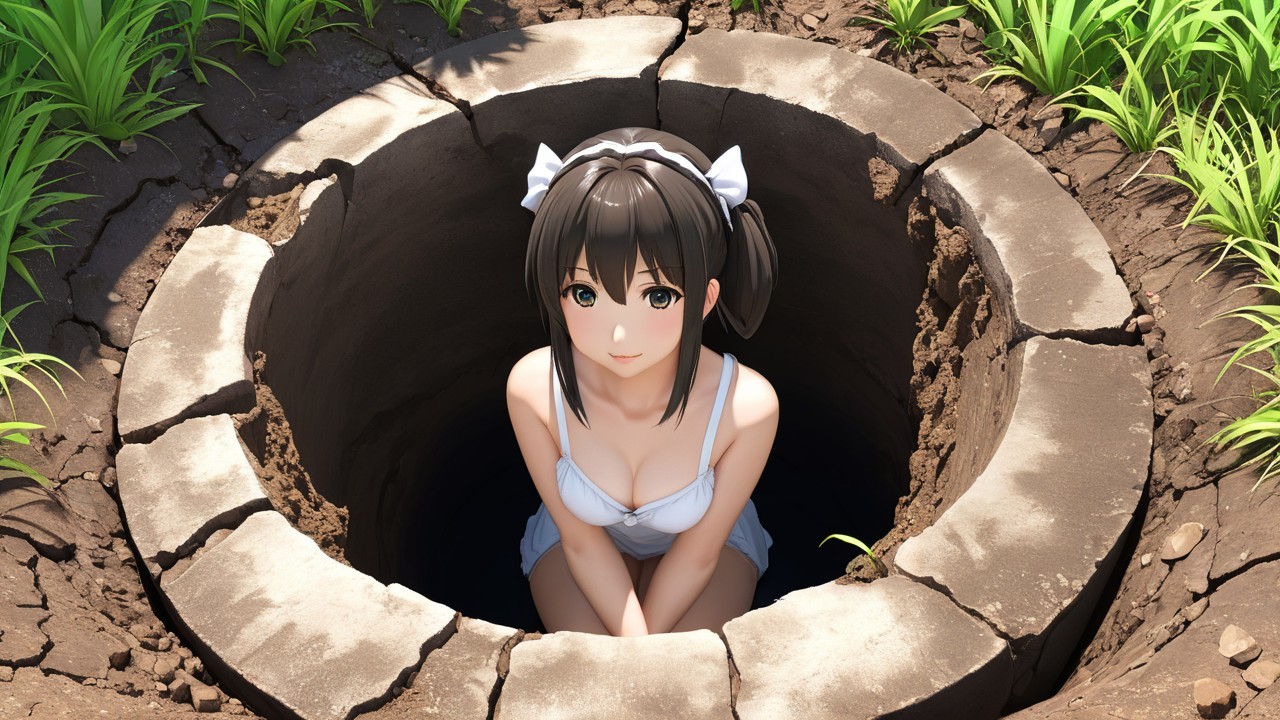 Character in a Light Blue Swimsuit at a Deep Hole