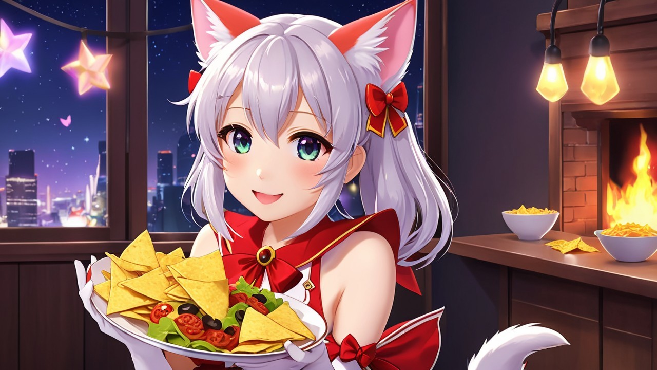 Cheerful anime character with nachos in cozy setting