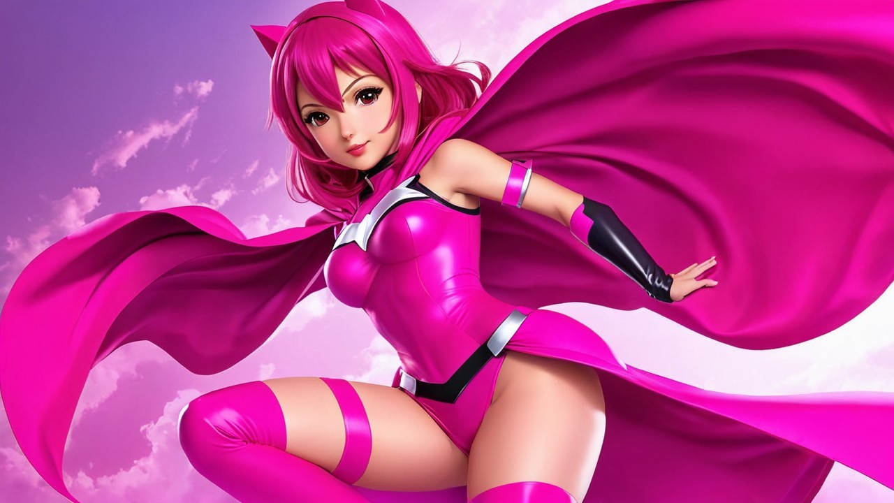 Dynamic anime character with vibrant pink hair and costume