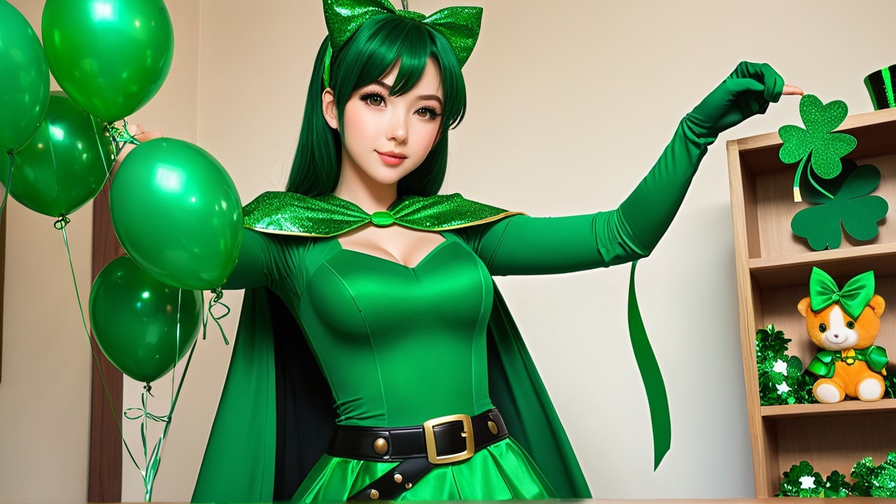 Festive Character in Green Outfit with Decorations