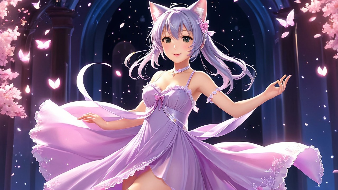 Whimsical Character in Lavender Gown Surrounded by Butterflies