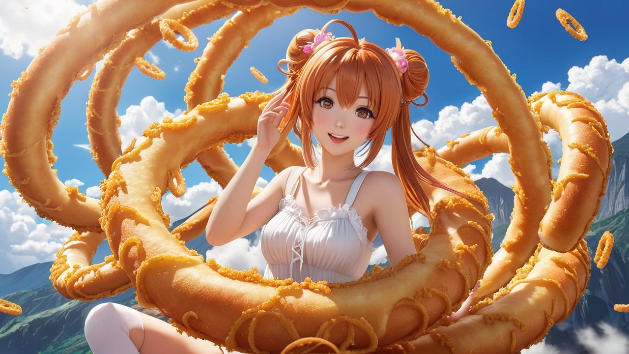 Cheerful anime girl in whimsical landscape with rings