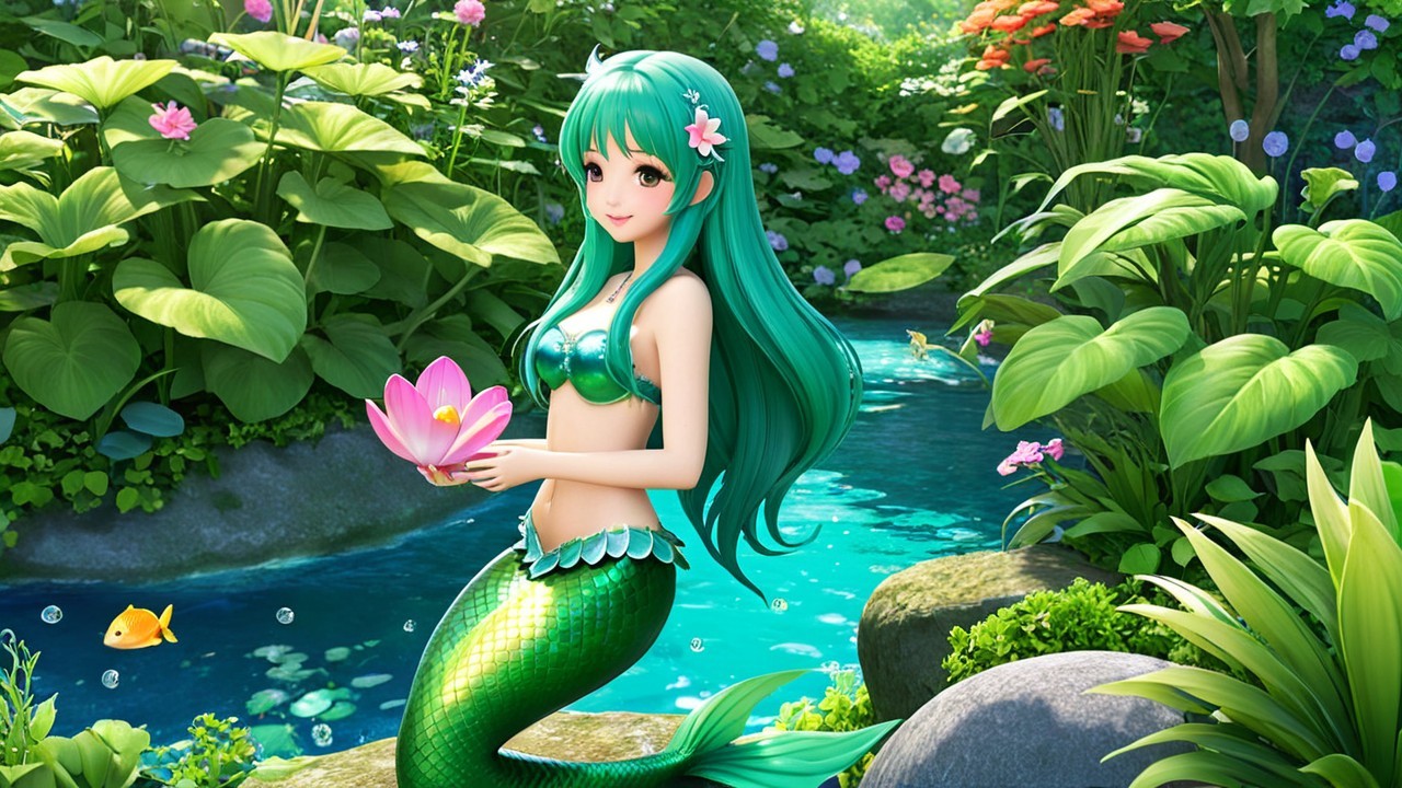 Whimsical Mermaid by Tranquil Pond with Flowers