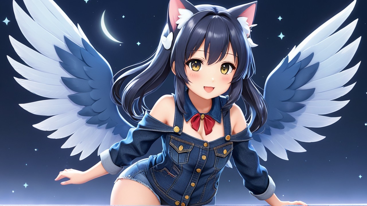Dynamic Anime Character with Cat Ears and Wings