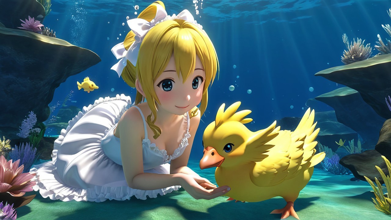 Young girl in white dress with yellow duck underwater