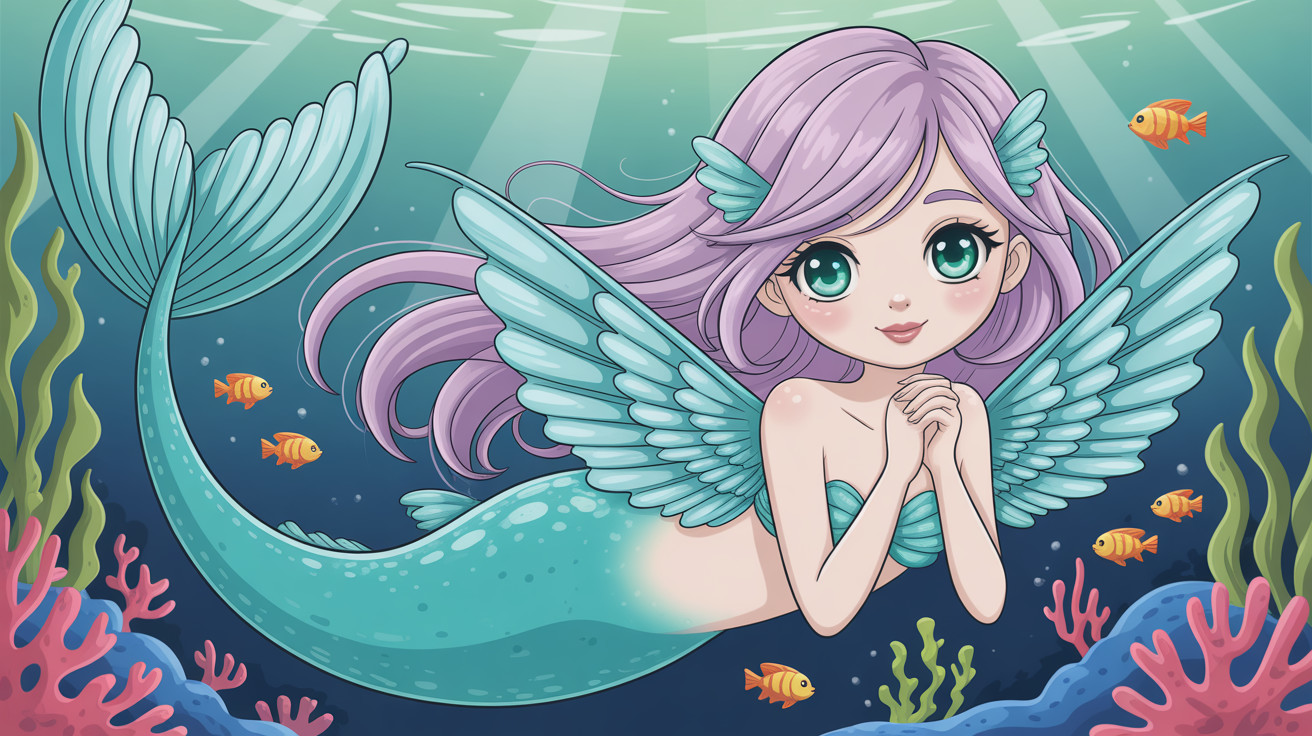 Cartoon Mermaid with Purple Hair and Teal Features