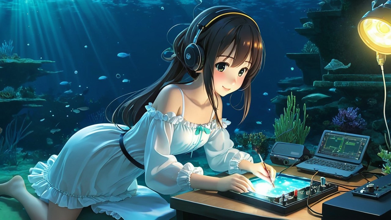 Underwater Scene with Girl, Console, and Marine Life