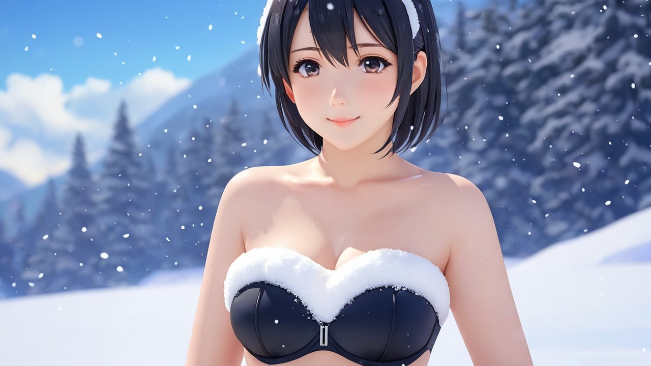 Young woman in bikini in snowy winter landscape