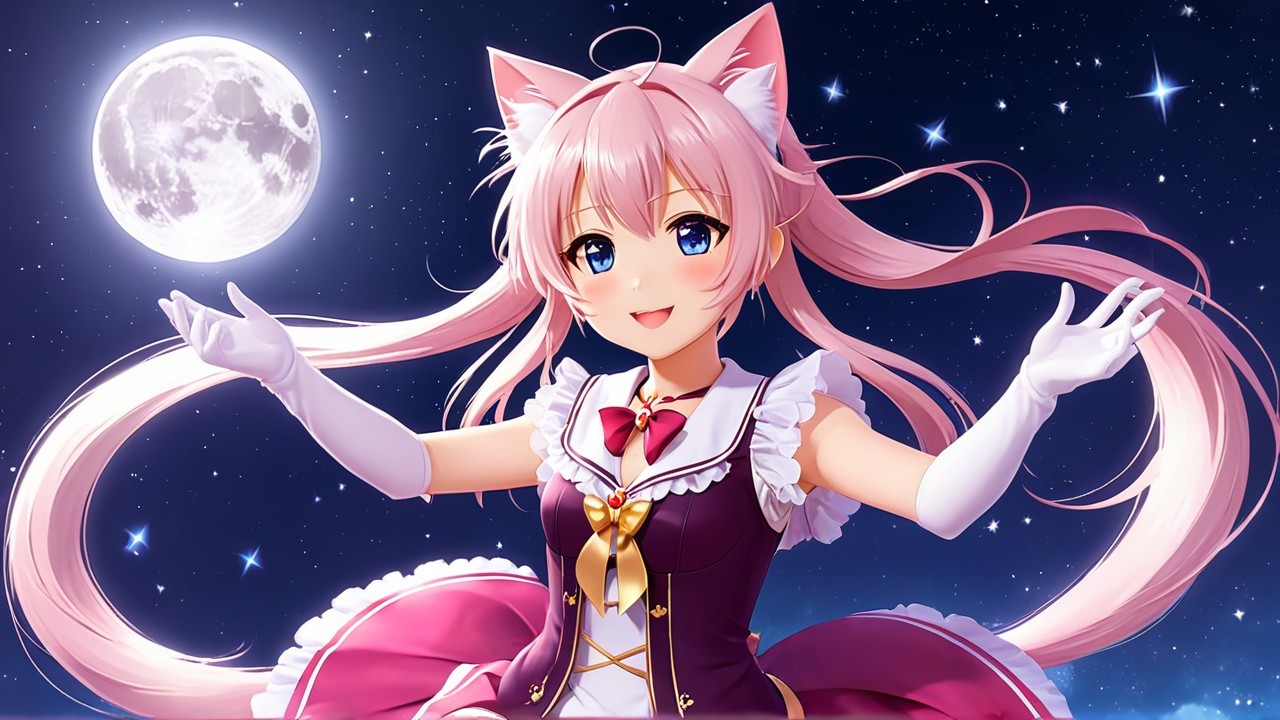 Cheerful anime girl with pink hair and cat ears