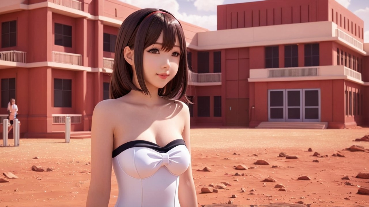 Young woman in stylish outfit near modern architecture