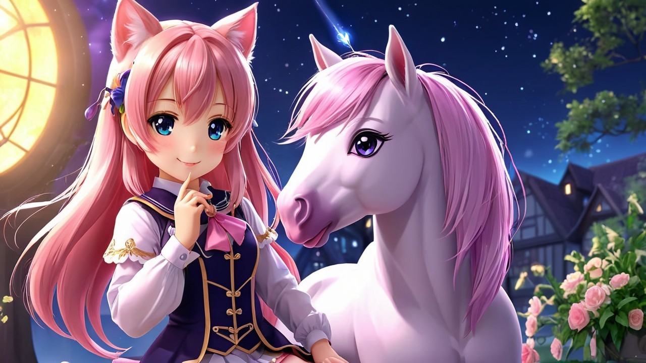 Whimsical Scene of Girl with Unicorn Under Stars