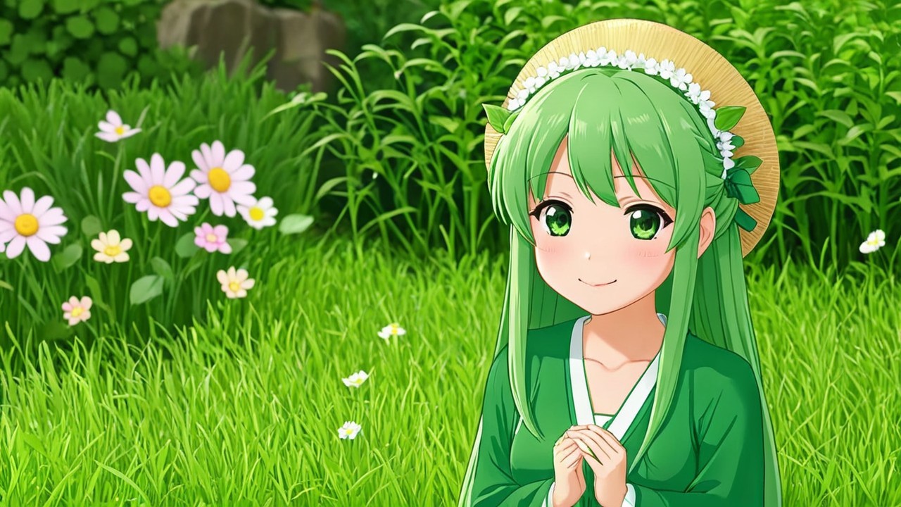 Cheerful Anime Girl in a Lush Green Garden