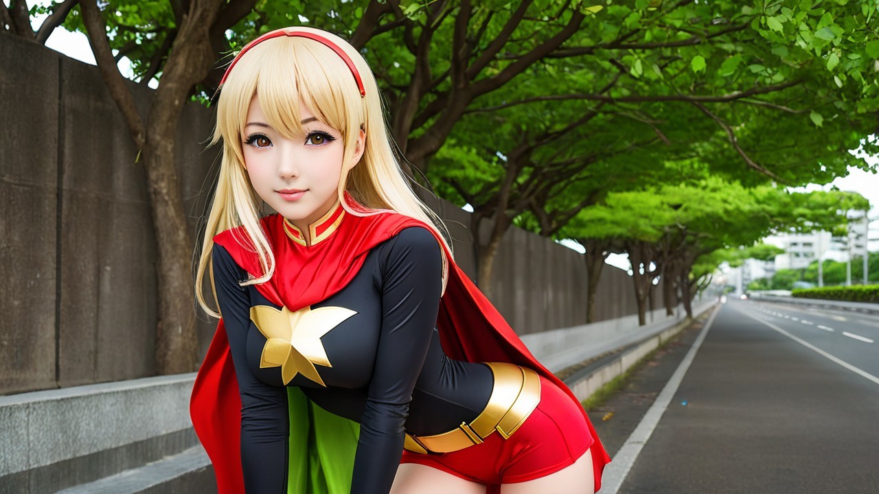 Young woman in superhero costume on tree-lined street