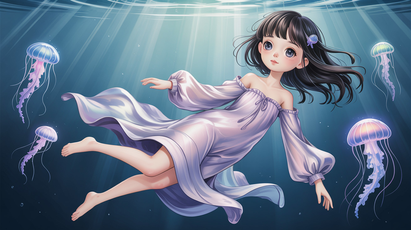 Anime-style digital painting of a girl in water