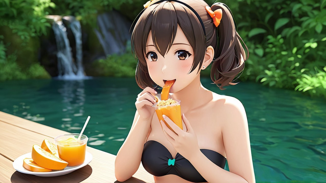 Young girl with orange dessert by poolside oasis