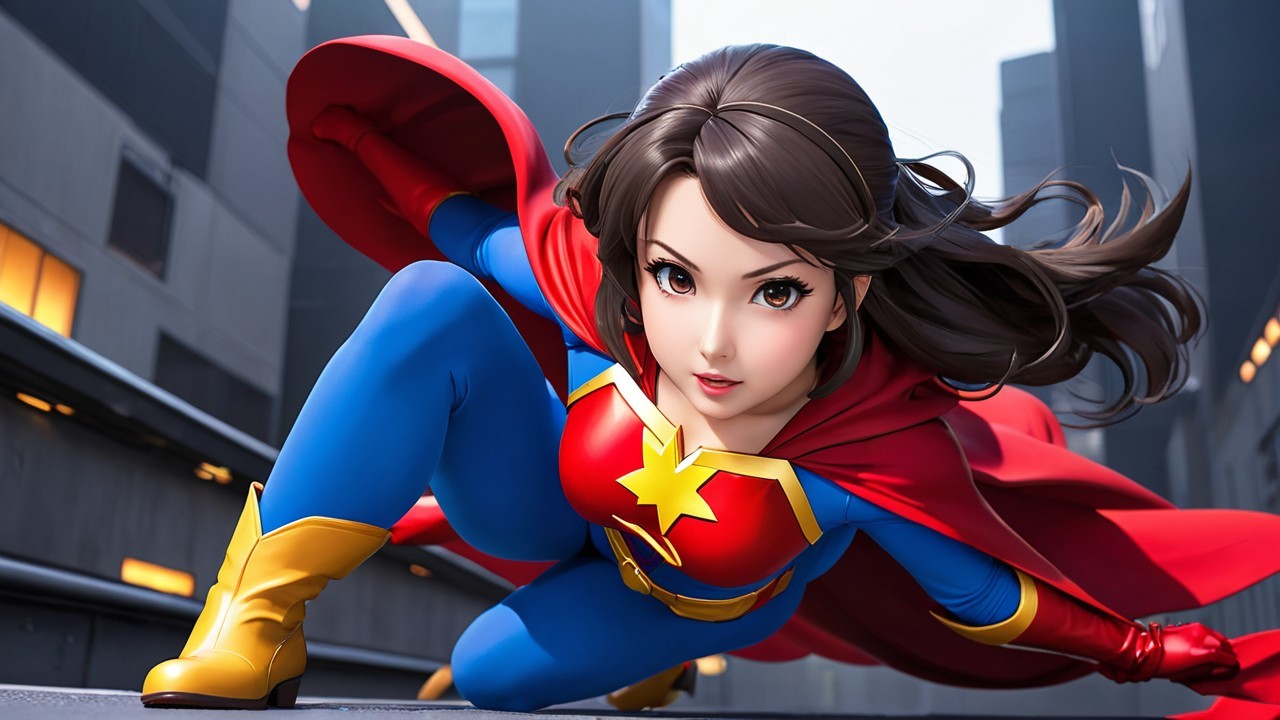 Dynamic Superheroine in Blue and Red Outfit