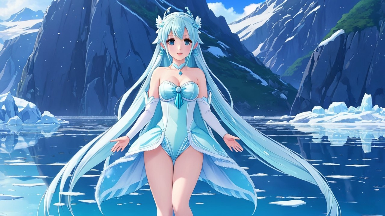 Young Woman by Icy Lake with Majestic Mountains