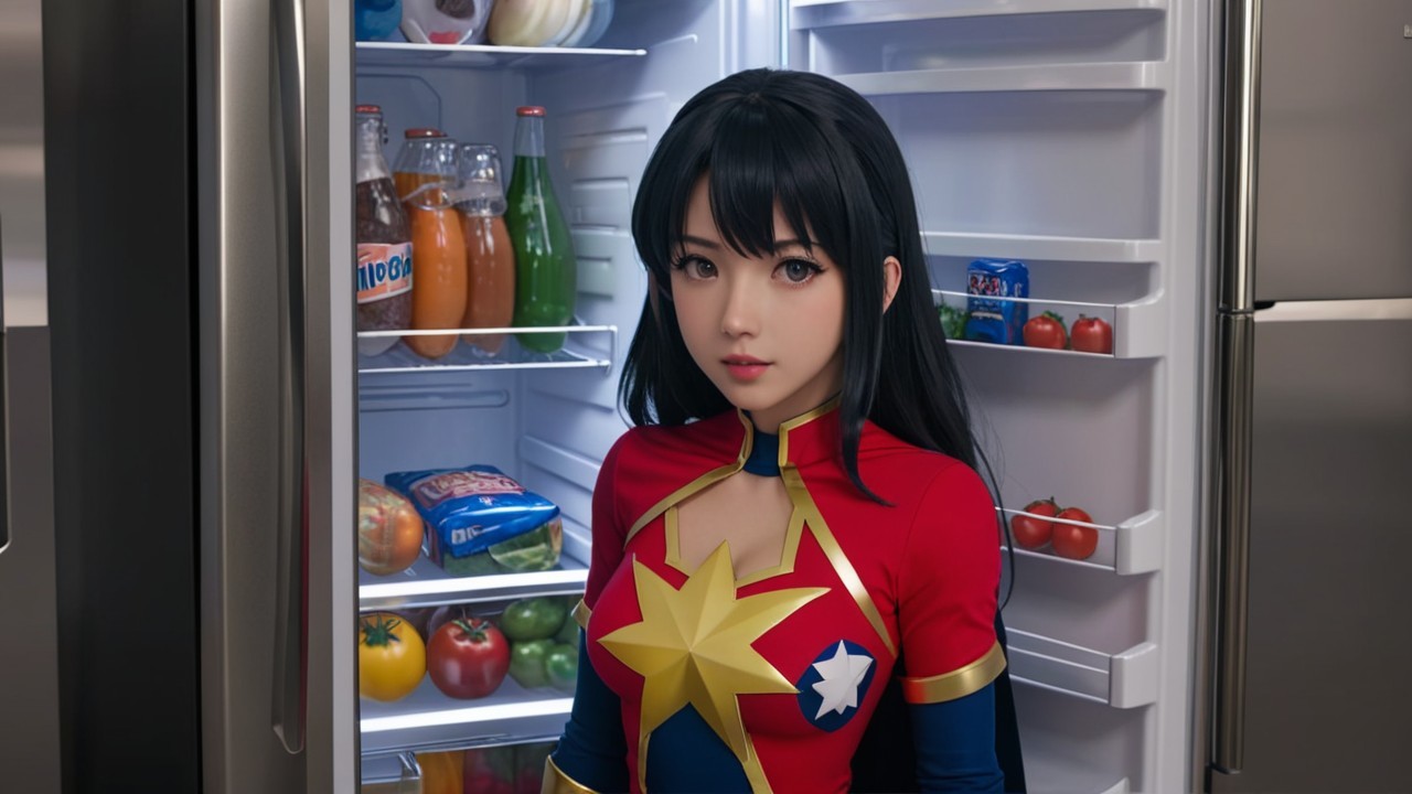 Young Woman in Superhero Costume in Colorful Kitchen