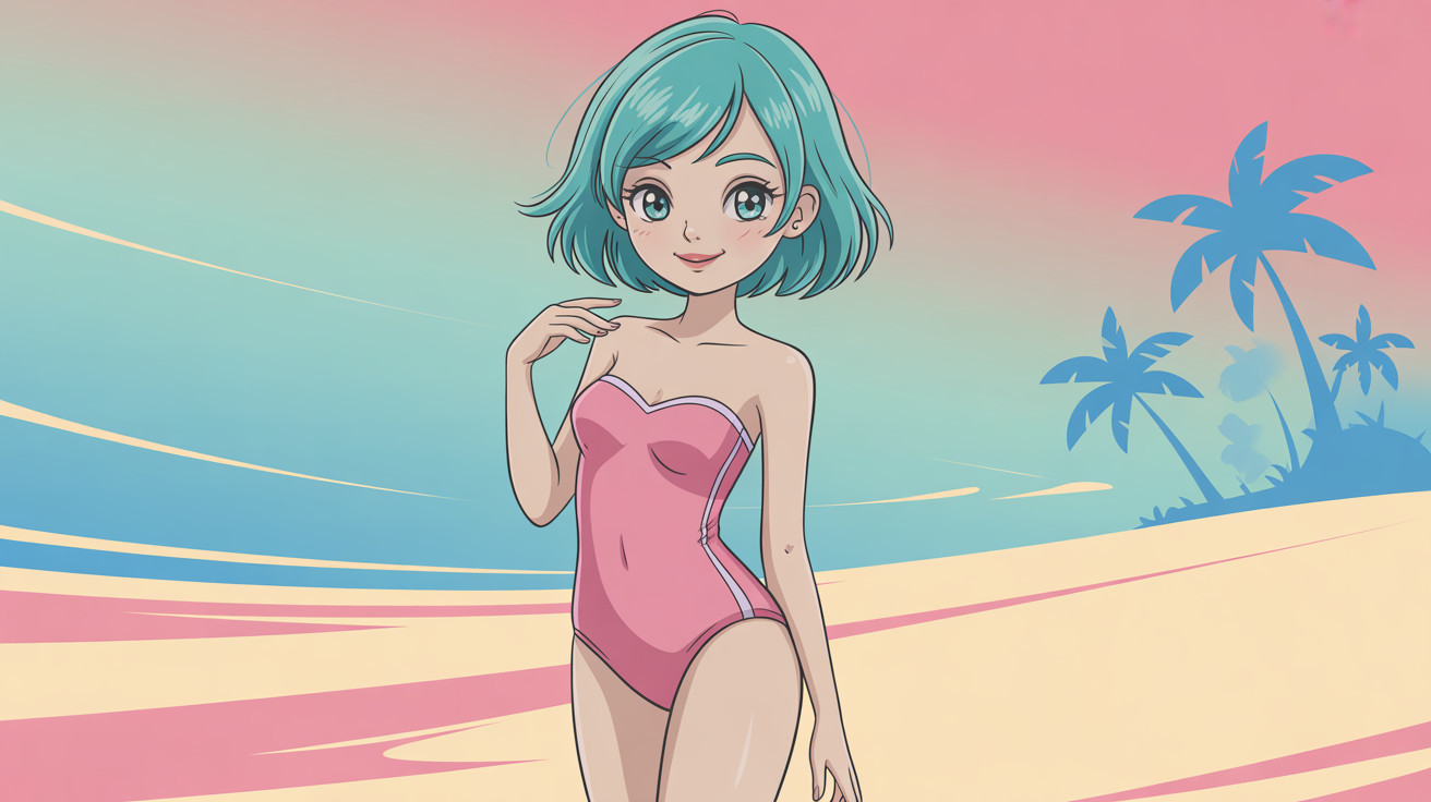 Chibi anime girl in swimsuit on sunset beach scene
