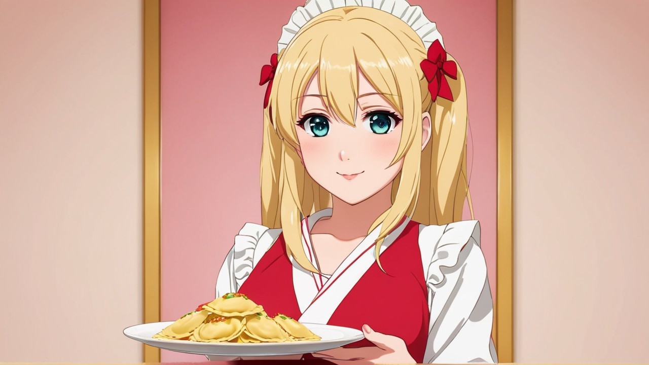 Cheerful Anime Character in Maid Outfit with Ravioli