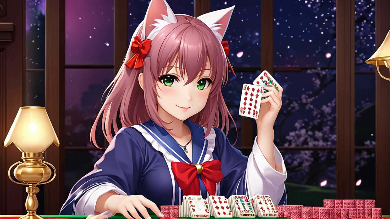 Anime Girl with Cat Ears Playing Cards at Night