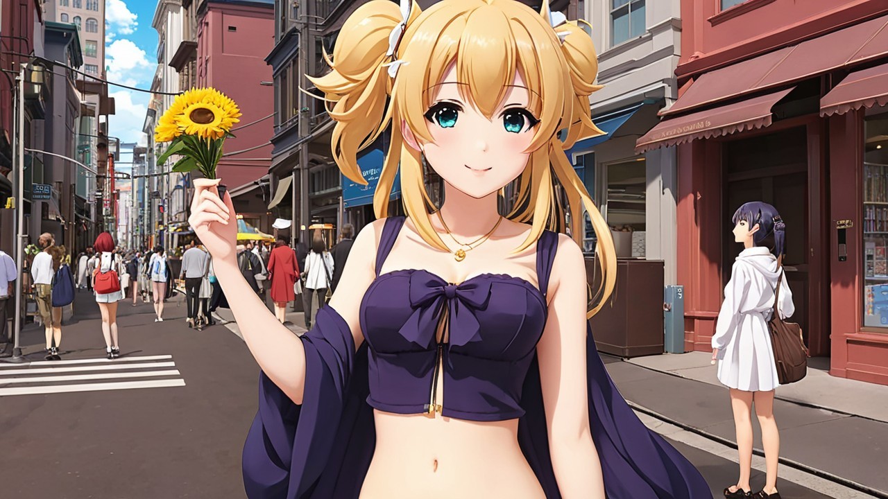 Cheerful Anime Character in Urban Setting with Sunflower
