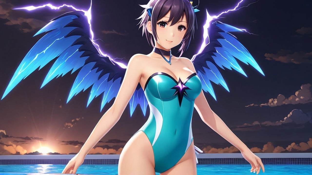 Character with Blue Wings by Pool at Sunset