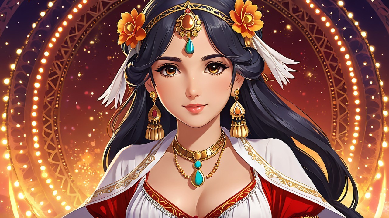 Illustration of a Woman with Flowers and Turquoise Jewelry
