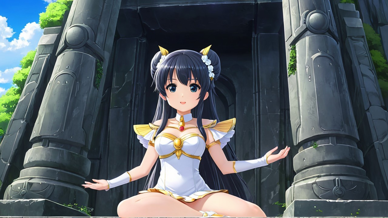 Serene character meditating by ancient stone pillars