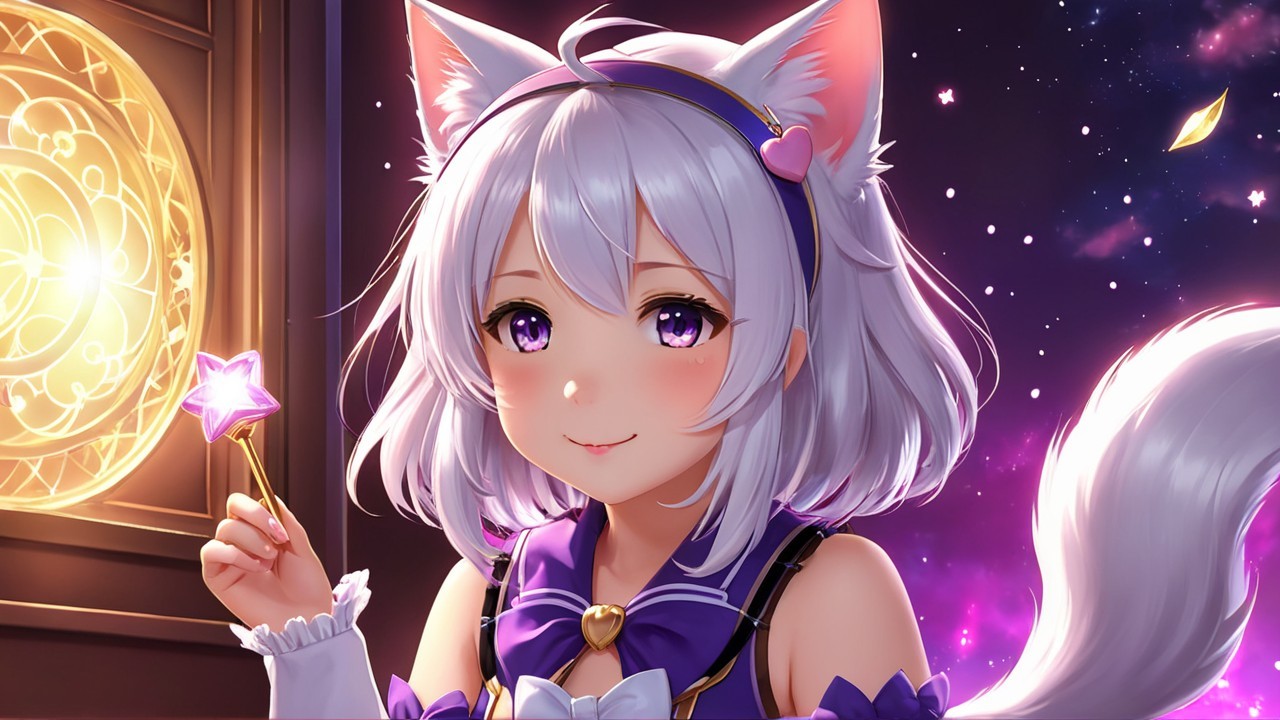 Anime girl with silvery hair and magic wand in fantasy setting