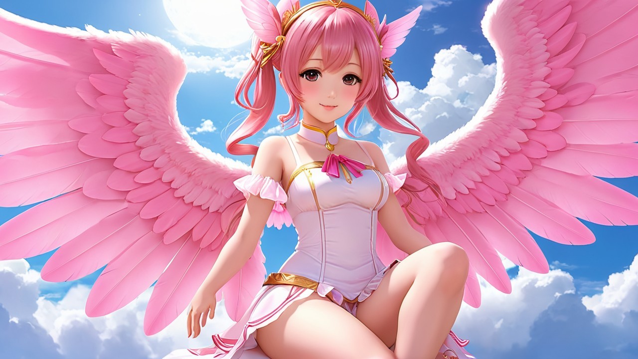 Whimsical Character with Pink Wings in Fluffy Clouds