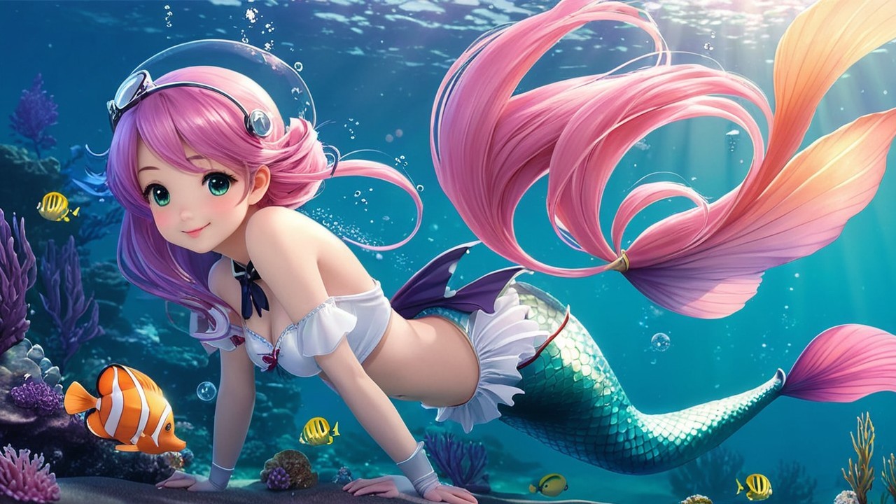 Vibrant Underwater Scene with Cheerful Mermaid and Coral