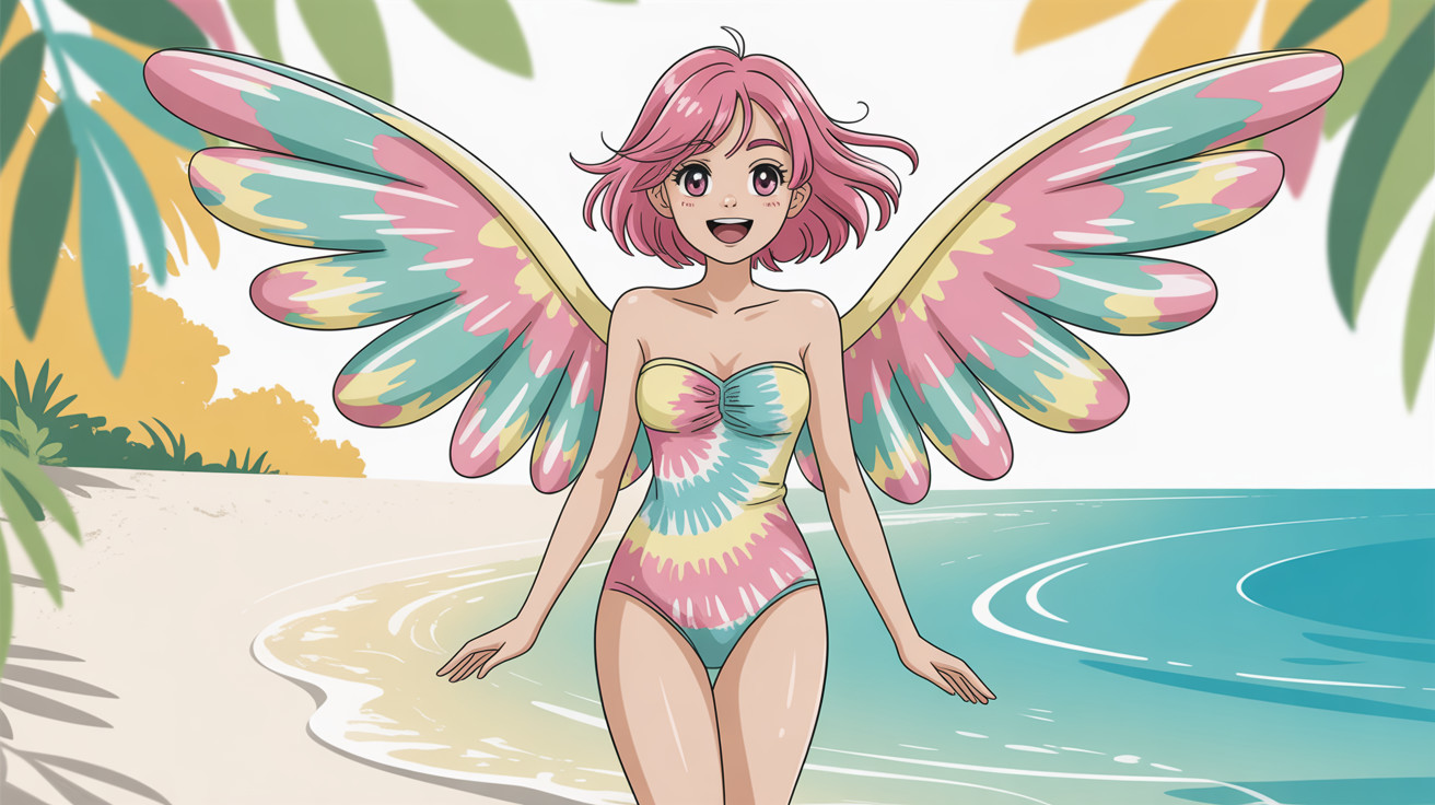 Anime girl with pink hair in colorful swimsuit and wings