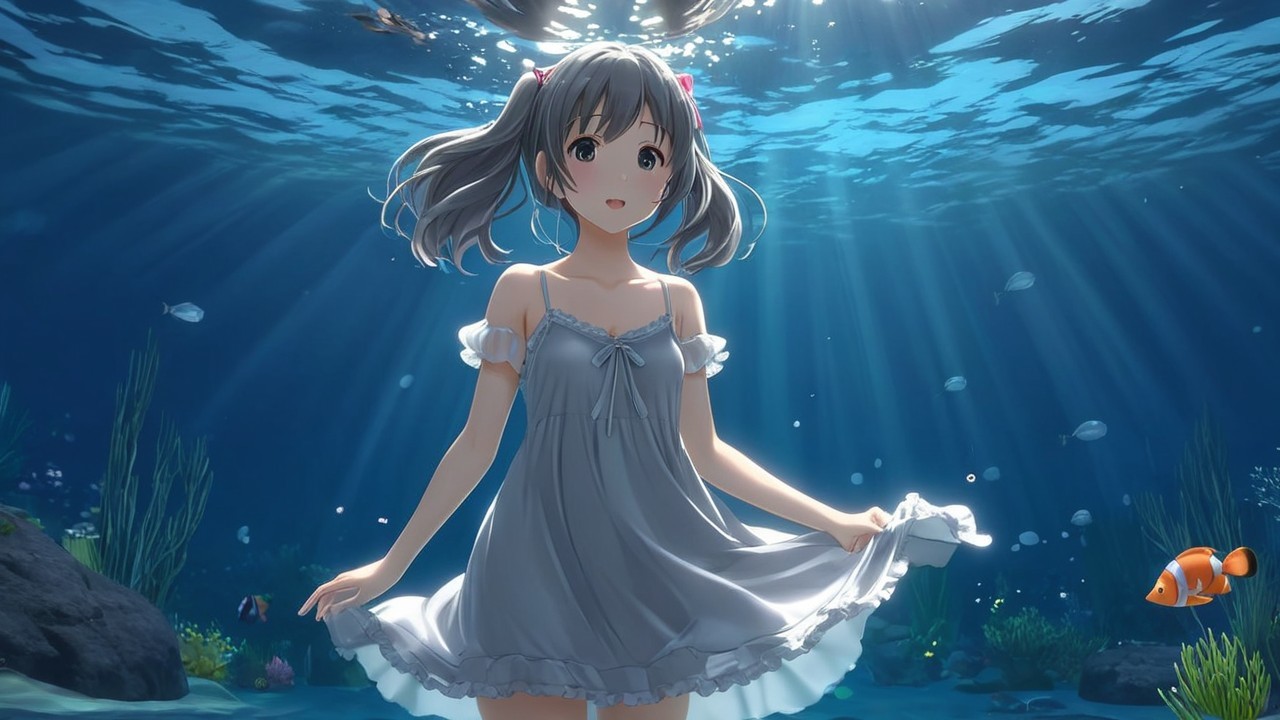 Young girl with gray hair swims in underwater paradise