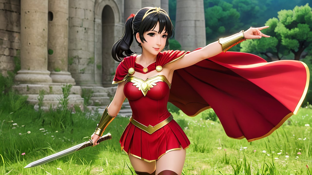 Heroic female figure in lush landscape with sword raised