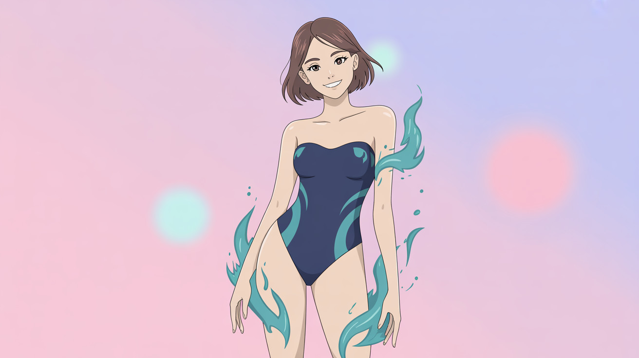 Anime-style woman in swimsuit with dynamic water splashes