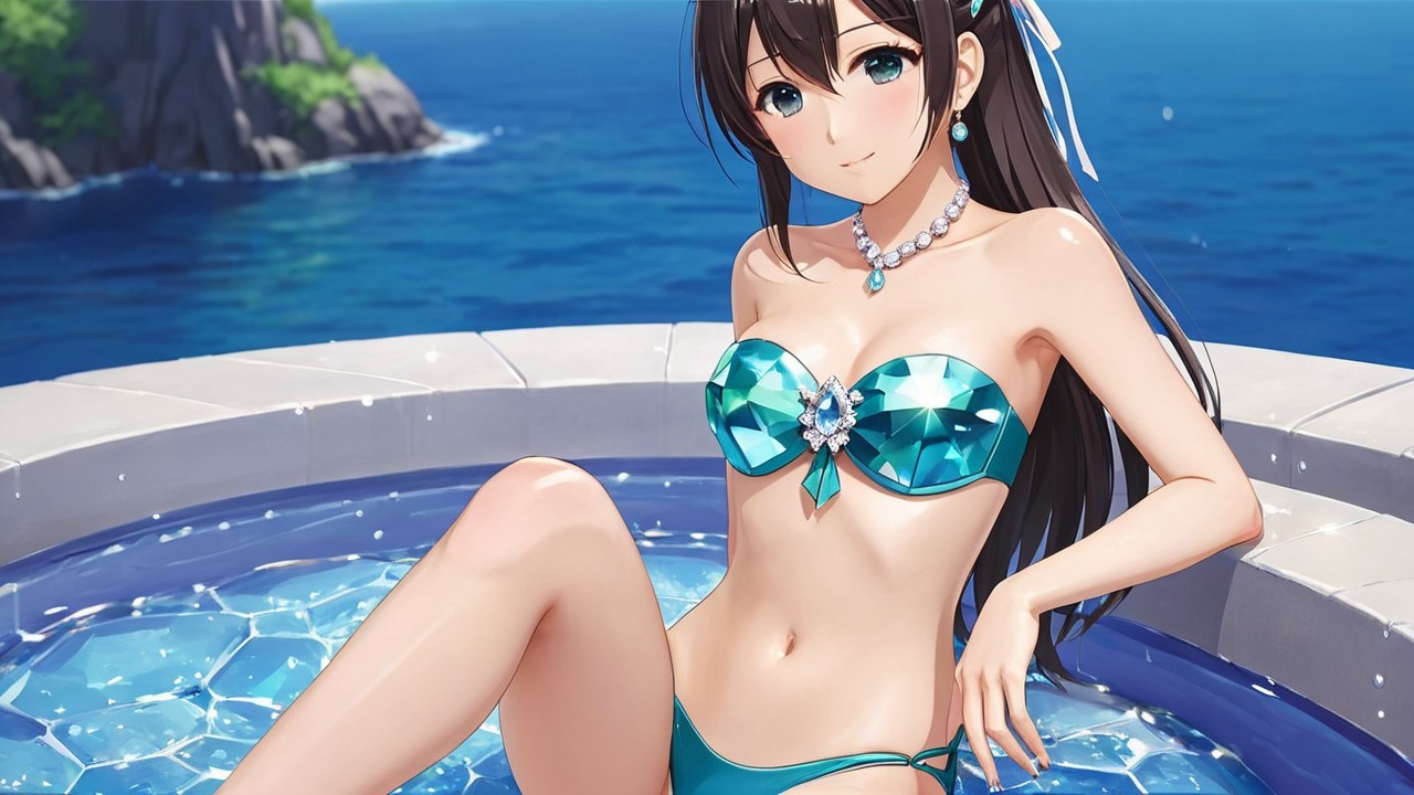 Young woman in turquoise bikini by serene poolside
